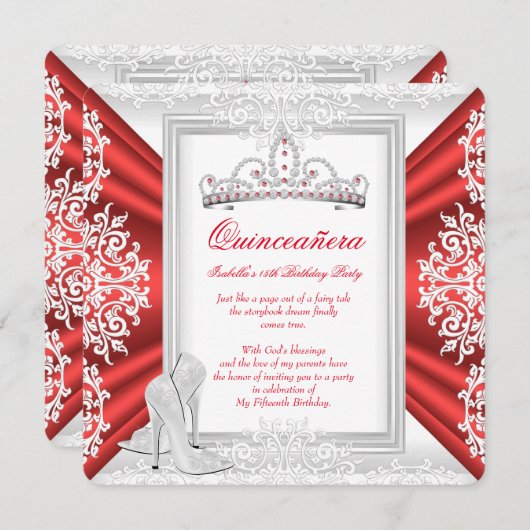 Quinceanera 15. Geburtstagsparty White Red Einladung (Vorne/Hinten)