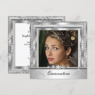 Quinceañera 15. Geburtstagsparty White Silver Tiar Einladung