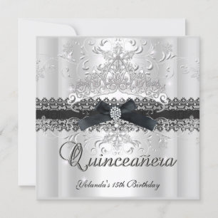 Quinceanera 15. Glitzer-Tiara Schwarz Weiß Bogen Einladung