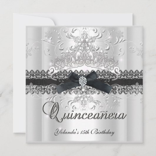Quinceanera 15. Glitzer Tiara Schwarz-weiß Bow Einladung (Vorderseite)