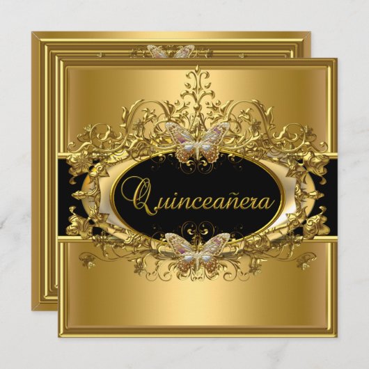Quinceanera 15. Gold Black Girls Einladung (Vorne/Hinten)