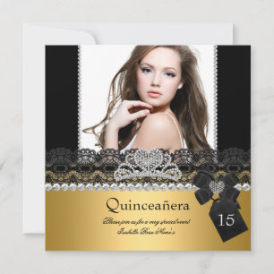 Quinceanera 15. Gold Silber Foto Schwarz Spitze Einladung