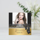 Quinceanera 15. Gold Silver Foto Black Lace Einladung (Stehend Vorderseite)