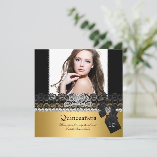 Quinceanera 15. Gold Silver Foto Black Lace Einladung (Stehend Vorderseite)