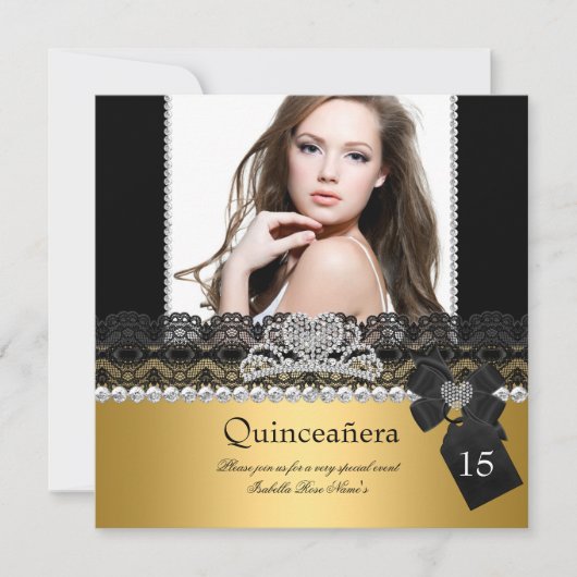 Quinceanera 15. Gold Silver Foto Black Lace Einladung (Vorderseite)