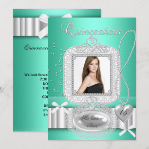 Quinceanera 15. Grüne Spitze Perlen Foto Einladung