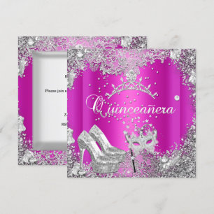 Quinceanera 15. Hochrosa silberne Maske Tiara Einladung