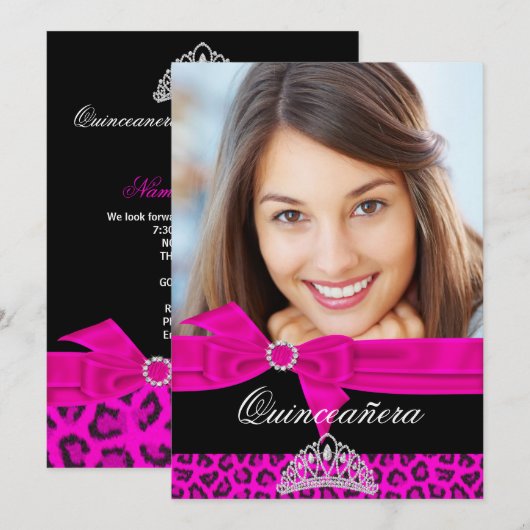 Quinceanera 15. Hot Pink Black Leopard Foto Einladung (Vorne/Hinten)