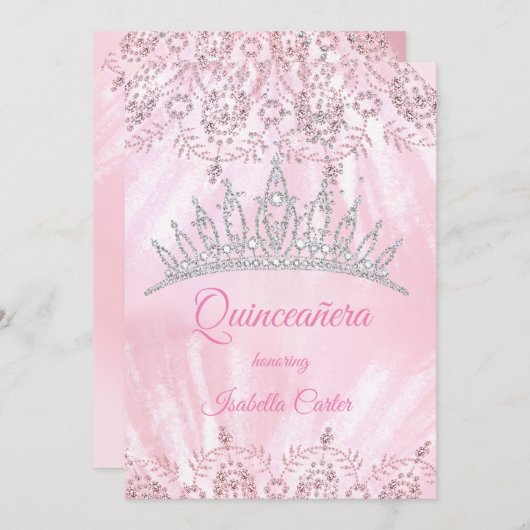 Quinceanera 15. Hübsch Pink Glitzer Tiara Party Einladung (Vorne/Hinten)