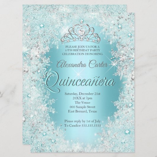 Quinceanera 15. Hübsch Silver Aquamariner Schneefl Einladung (Vorne/Hinten)