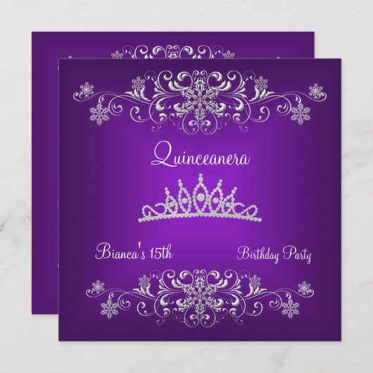 Quinceanera 15. Lila Black Diamond Tiara Einladung (Vorne/Hinten)