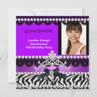 Quinceanera 15. Lila Black Zebra Pearl Tiara Einladung