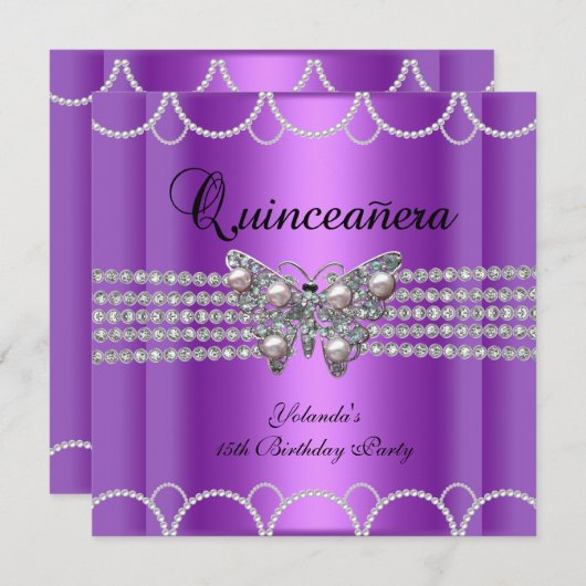 Quinceanera 15. Lila Butterfly Pearl Lace Einladung (Vorne/Hinten)