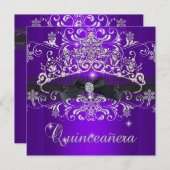 Quinceanera 15. Lila Glitzer Tiara Black Bow Einladung (Vorne/Hinten)