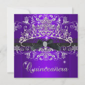 Quinceanera 15. Lila Glitzer Tiara Black Bow Einladung (Vorderseite)