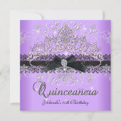 Quinceanera 15. Lila Glitzer Tiara Black Bow Einladung (Vorderseite)