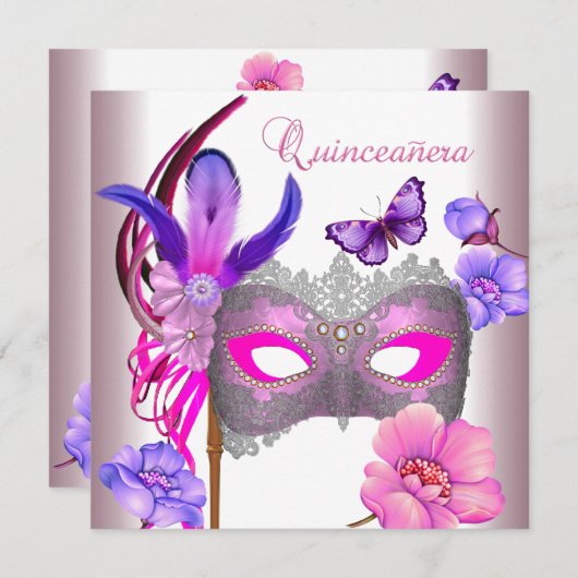 Quinceanera 15. Lila Maske in weißem Rosa Einladung (Vorne/Hinten)