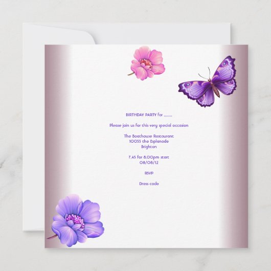 Quinceanera 15. Lila Maske in weißem Rosa Einladung (Rückseite)