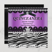 Quinceanera 15. Lila Pink Black Zebra Tiara Einladung (Vorne/Hinten)