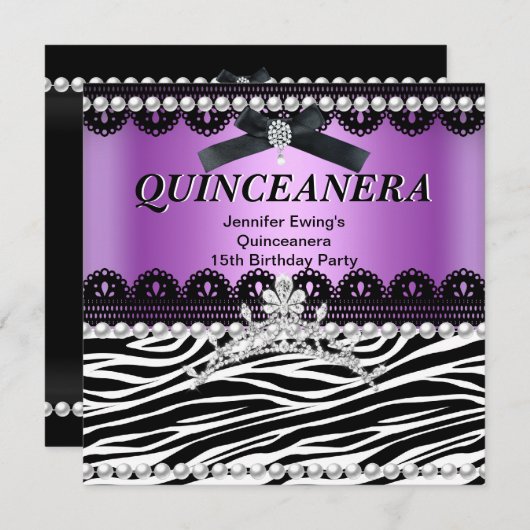 Quinceanera 15. Lila Pink Black Zebra Tiara Einladung (Vorne/Hinten)