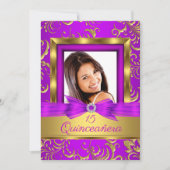 Quinceanera 15. Lila rosa Gold Damaskus Foto Einladung (Vorderseite)