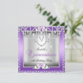 Quinceanera 15. Lila Silver Diamond Tiara Einladung (Stehend Vorderseite)