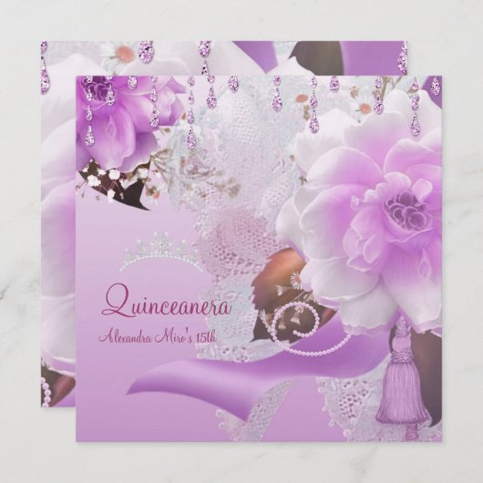 Quinceanera 15. Lilac Pink Floral White Einladung (Vorne/Hinten)