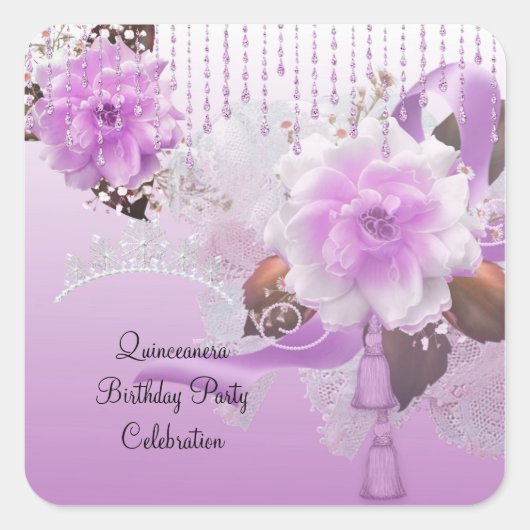 Quinceanera 15. Lilac Pink Floral White Quadratischer Aufkleber (Vorderseite)