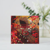 Quinceanera 15. Masquerade Party Rote Schwarze Mas Einladung (Stehend Vorderseite)