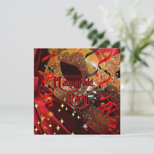 Quinceanera 15. Masquerade Party Rote Schwarze Mas Einladung (Stehend Vorderseite)