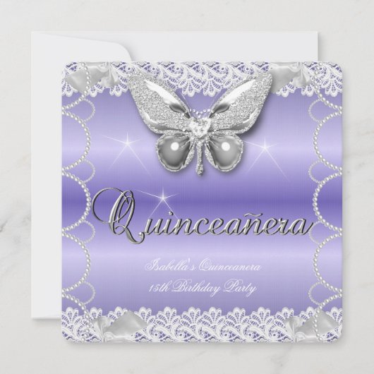 Quinceanera 15. Mauve Lace Butterfly Perl Party Einladung (Vorderseite)