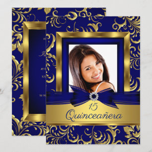 Quinceanera 15. Navy Blau Gold Blumen Foto Einladung