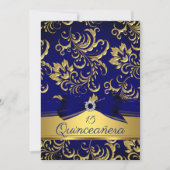 Quinceanera 15. Navy Blue Gold Floral Damask Bow Einladung (Vorderseite)