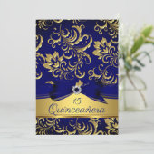 Quinceanera 15. Navy Blue Gold Floral Damask Bow Einladung (Stehend Vorderseite)