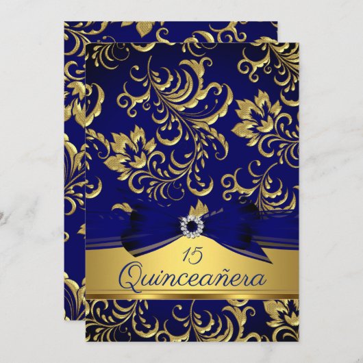 Quinceanera 15. Navy Blue Gold Floral Damask Bow Einladung (Vorne/Hinten)