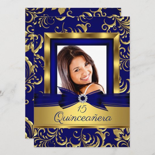 Quinceanera 15. Navy Blue Gold Floral Foto Einladung (Vorne/Hinten)
