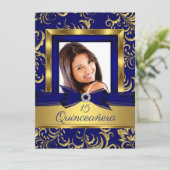 Quinceanera 15. Navy Blue Gold Floral Foto Einladung (Stehend Vorderseite)