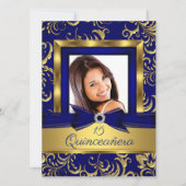 Quinceanera 15. Navy Blue Gold Floral Foto Einladung (Vorderseite)