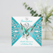 Quinceanera 15. Party Aquamarin Blue Butterfly Tia Einladung (Stehend Vorderseite)