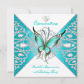 Quinceanera 15. Party Aquamarin Blue Butterfly Tia Einladung (Vorderseite)