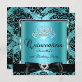Quinceanera 15. Party Aquamarin Damask Silver Blac Einladung (Vorne/Hinten)