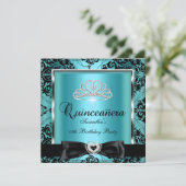 Quinceanera 15. Party Aquamarin Damask Silver Blac Einladung (Stehend Vorderseite)