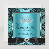 Quinceanera 15. Party Aquamarin Damask Silver Blac Einladung (Vorderseite)
