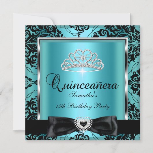 Quinceanera 15. Party Aquamarin Damask Silver Blac Einladung (Vorderseite)