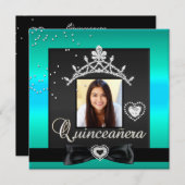 Quinceanera 15. Party Aquamarin Silver Black Einladung (Vorne/Hinten)