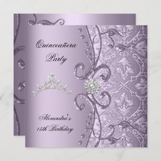 Quinceanera 15. Party Damask Lilac Jewel Image Einladung (Vorne/Hinten)