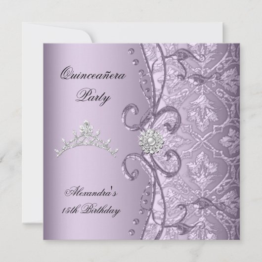 Quinceanera 15. Party Damask Lilac Jewel Image Einladung (Vorderseite)