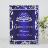 Quinceanera 15. Party Dark Blue Damask Silver Einladung (Stehend Vorderseite)