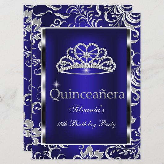 Quinceanera 15. Party Dark Blue Damask Silver Einladung (Vorne/Hinten)