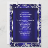Quinceanera 15. Party Dark Blue Damask Silver Einladung (Rückseite)